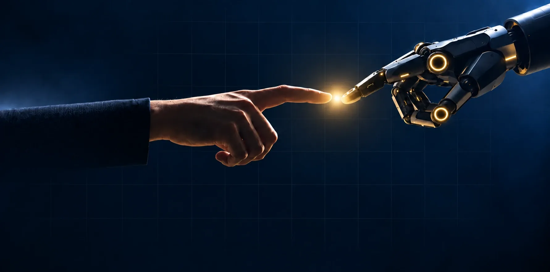 Una mano humana y una mano robótica a punto de tocarse